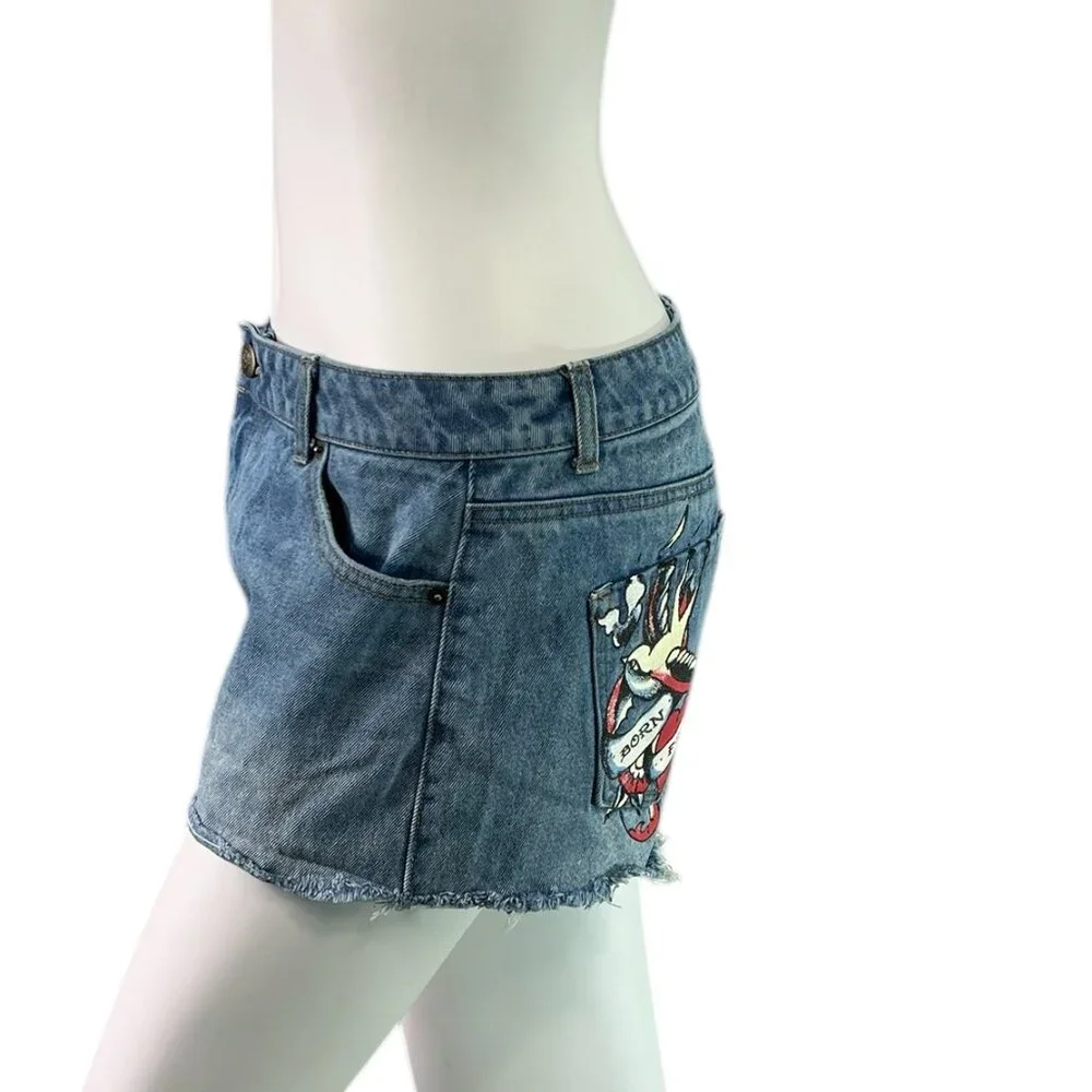 Ed Hardy Denim Cut Off Jean Shorts Born Free Swallow Size Medium